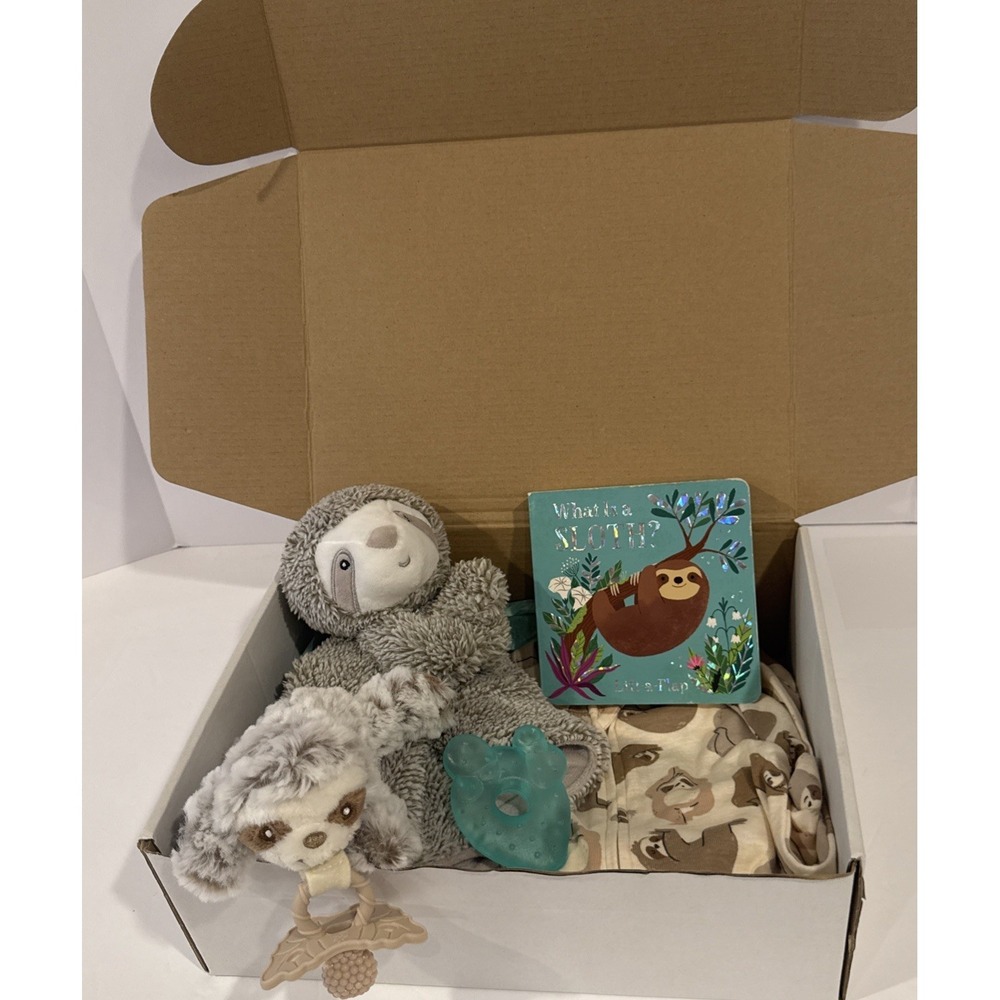 Newborn Unisex Baby Sloth Gift, Sloth Book & 3/6M Outfit & Pacifier Holder Toy